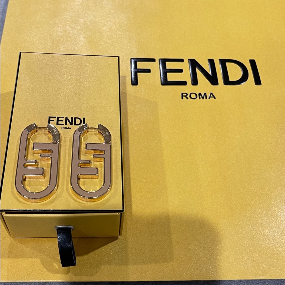 Fendi Gold and Calf Leather Logo Earrings